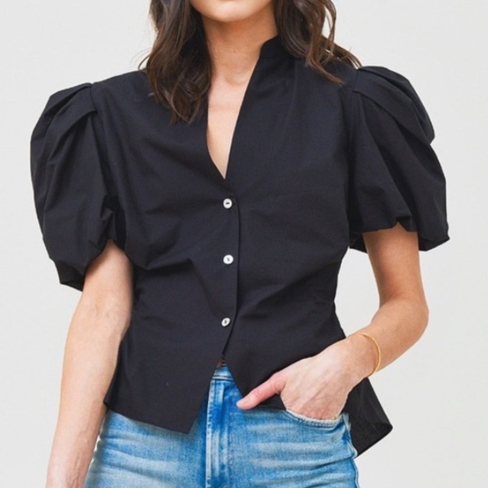 Vince Black Puff Sleeve Button Front Top-Cut out Detail back-NEW-Tags-Offers Ok!
